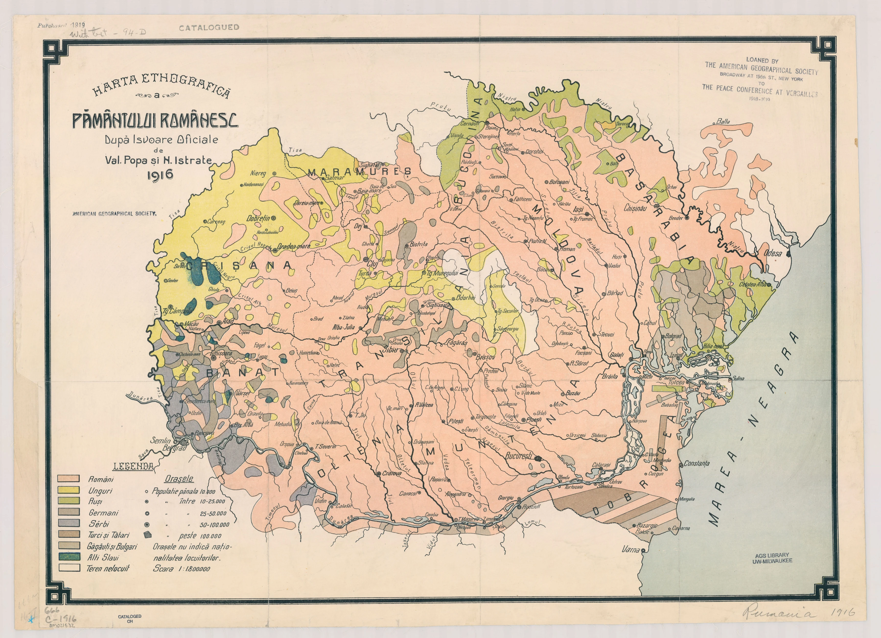 1916 ethnographic map by Val. Popa and N. Istrate, showing historical place names and populations